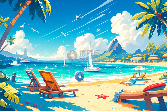 夏日沙滩乐园插画图片
