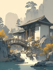 山水画中的仙境瀑布与桥梁高清图片