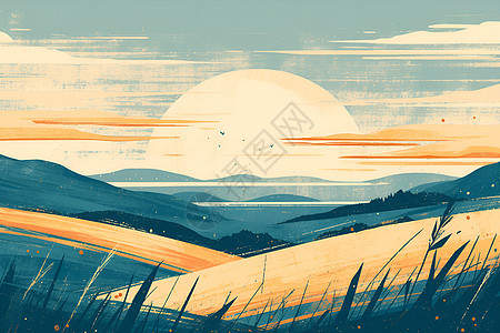 绘画的太阳和山丘图片