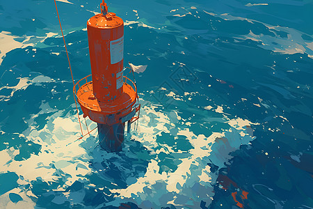 红色波浪光线海洋中的灯塔插画