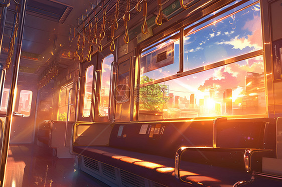 列车窗户外的夕阳风景图片