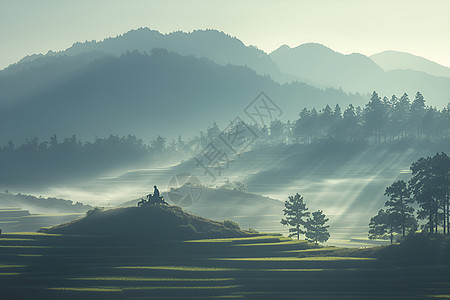 黄昏下的树木和山峰图片