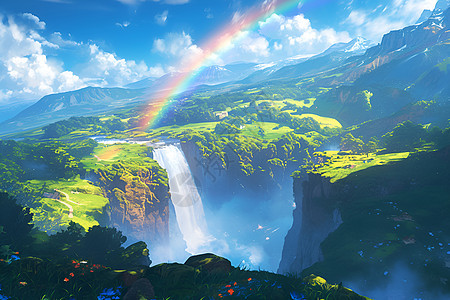 山间的瀑布和彩虹图片