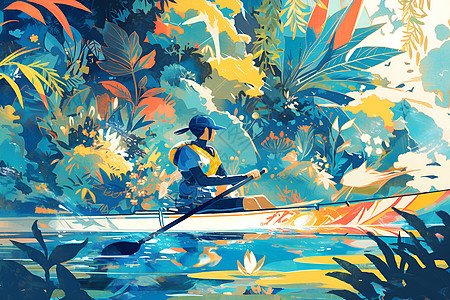 热带森林划船的女孩图片