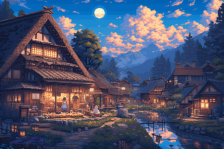 月夜下的村庄背景图片