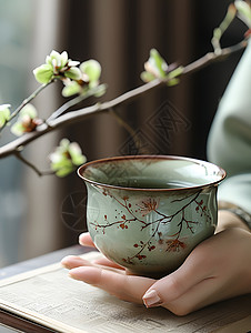 植物摆放手持玉陶瓷茶碗背景