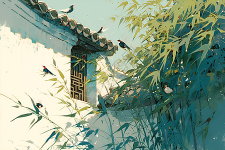 墙壁背景竹林下的古风庭院插画