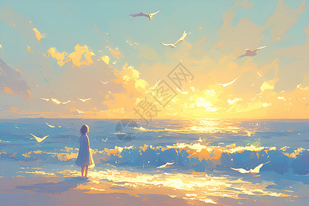 日出时分女孩在海滩边背景图片