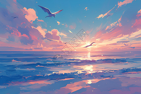 海边夕阳鸟儿翱翔水面图片