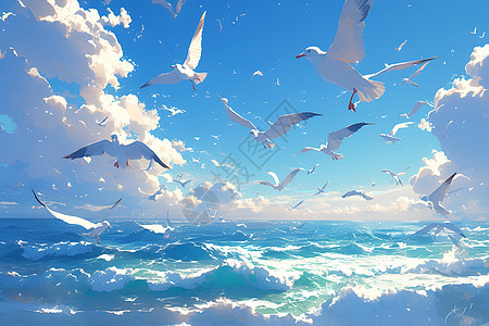 海面上海鸥翩跹的画面图片