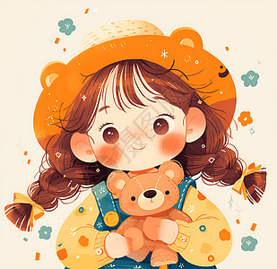 抱小熊女孩帽子女孩抱着小熊插画