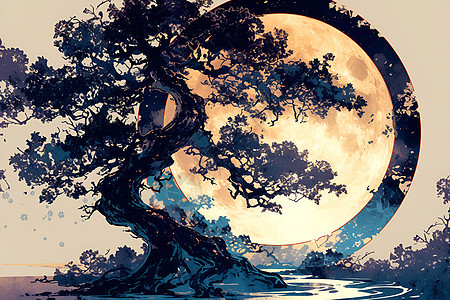 月色下的浮桑树插画图片