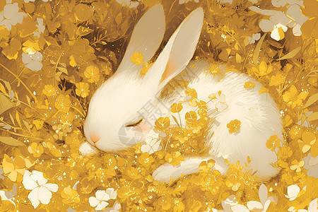 梦幻兔子与金色花朵图片