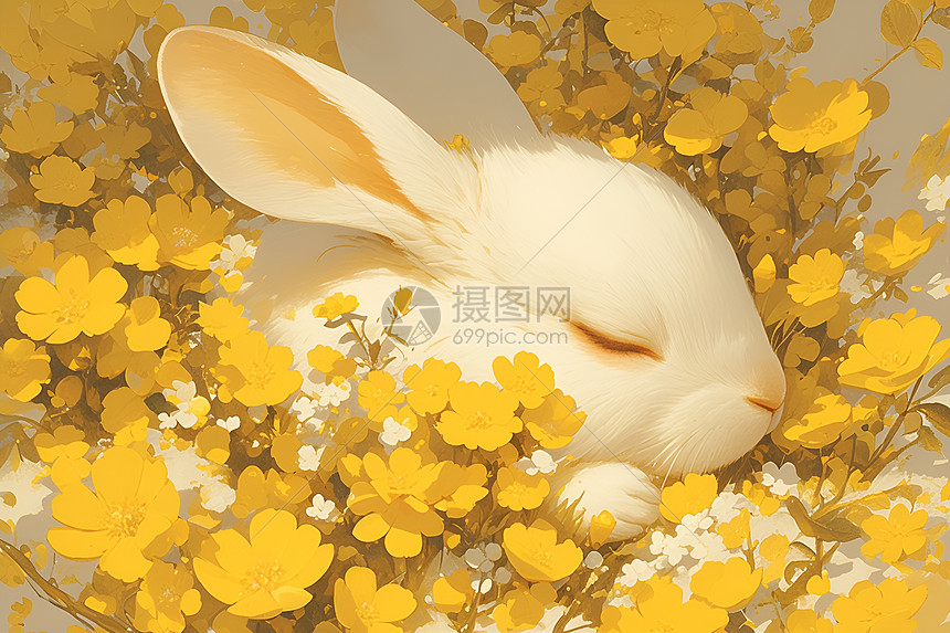 金色花朵和兔子图片