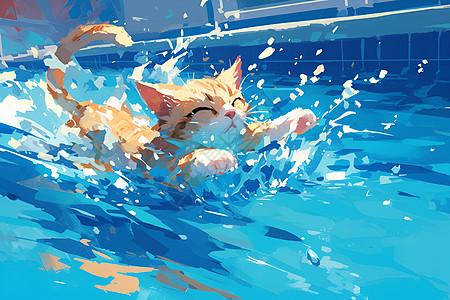 暑期泳池里的猫咪图片