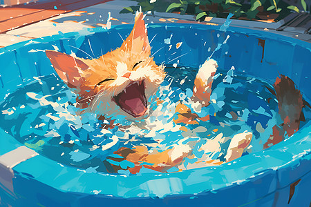 猫咪在泳池中图片
