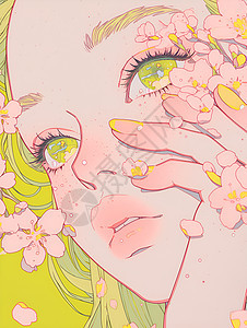 粉色樱花与淡绿少女背景图片