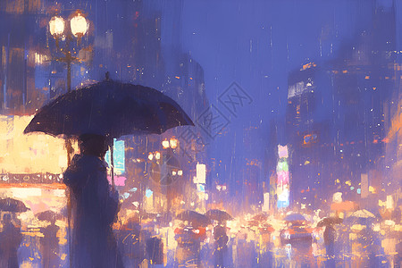 撑伞人雨夜独行者插画