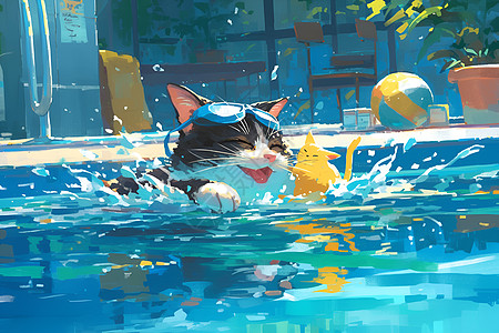 泳池里嬉戏的猫咪图片