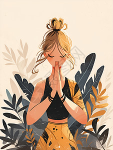 女性瑜伽树丛里的瑜伽女人插画