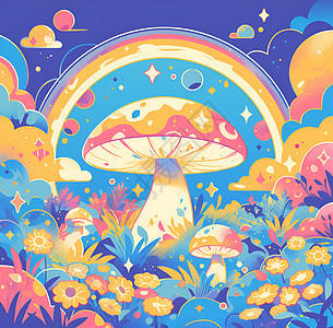 花海中的彩虹蘑菇图片