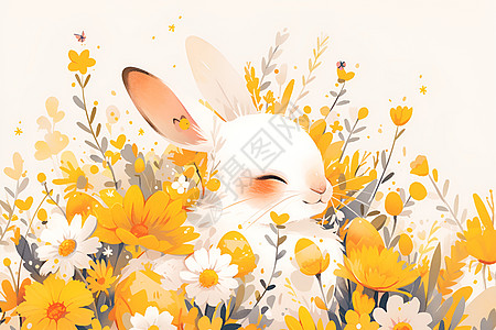 草地中可爱的卡通兔子图片