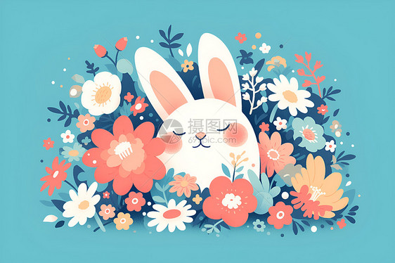 鲜花中睡着的兔子图片
