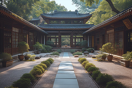 庭院窗户太极气功修炼的宁静场景背景