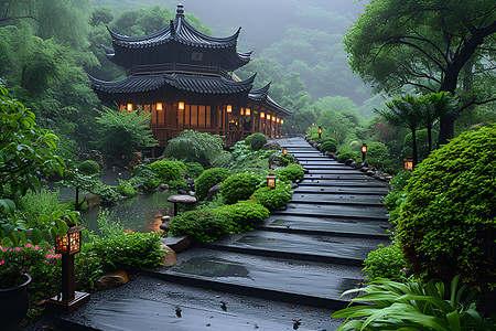 静谧的园林雨天路灯高清图片