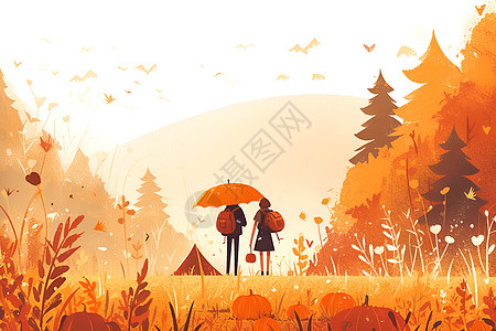 雨伞vi森林里的情侣插画
