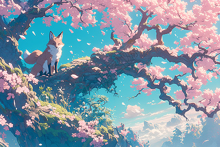 梦幻动画中狐狸在樱花园图片