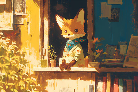 窗台上的小狐狸背景图片