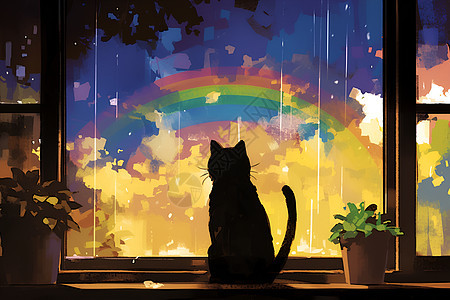 窗前的彩虹和猫咪图片