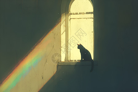 窗台上的猫与彩虹共舞图片
