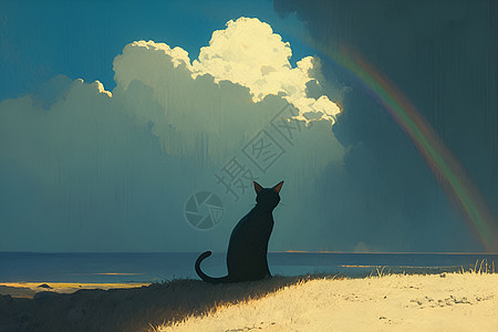 猫坐在海滩上观看彩虹的猫咪图片