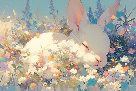 梦幻兔子沉睡花海图片