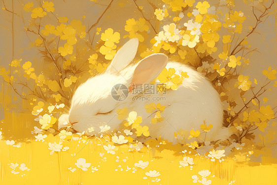 金黄花朵和兔子图片