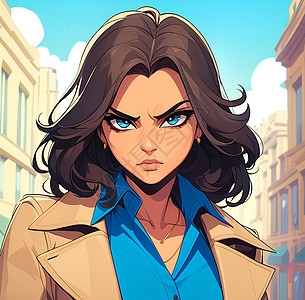 女侦探站在城市街道上的形象图片