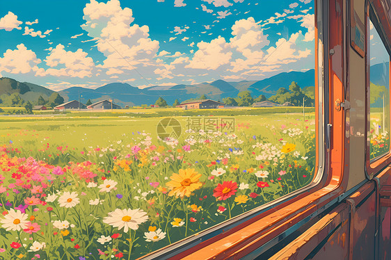 列车经过盛开的花田图片