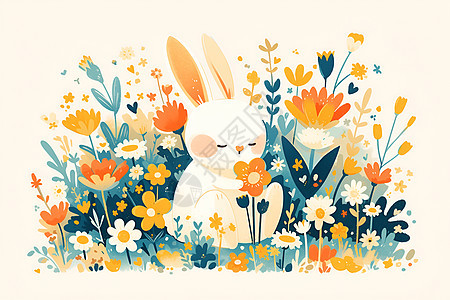 植物中的小兔子插画图片