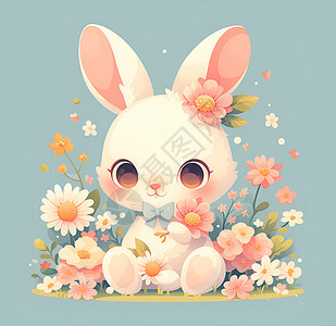 花海中的小兔子插画图片