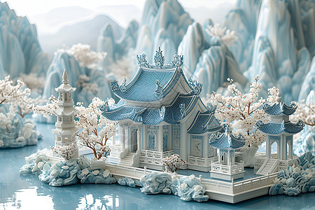 蓝白陶瓷小屋图片