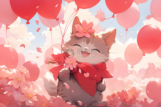 幸运猫抱着气球在樱花中图片