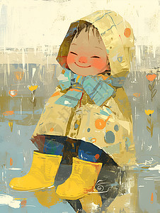 下雨穿着黄色雨衣的男孩插画