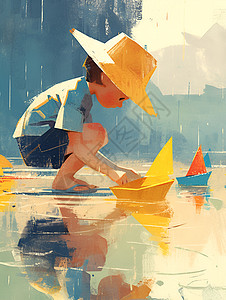雨中儿童玩纸船图片