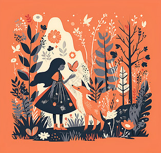 森林中的狐狸和少女图片