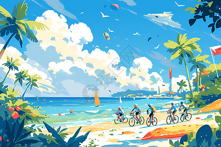 沙滩上骑行的自行车手高清图片