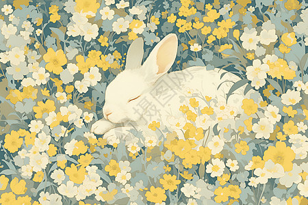 白兔眠于花海间图片