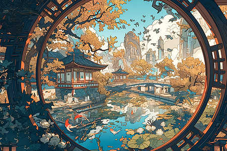 山谷中的复古建筑物插画图片