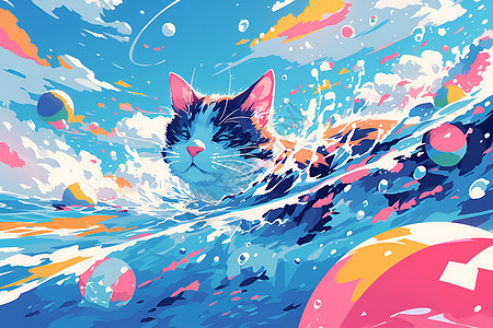 水中玩耍的可爱小猫图片